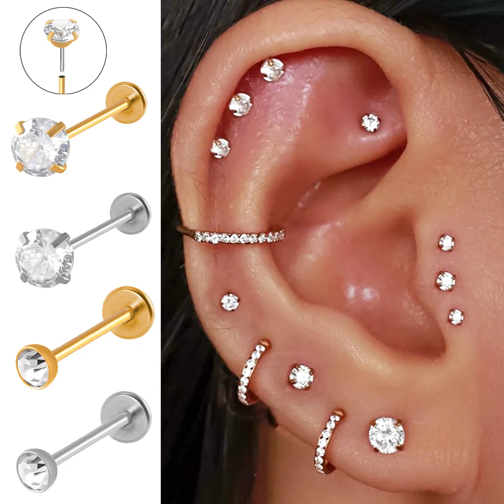 1PC Surgical Steel Threadless Push in Ear Cartilage Tragus Helix Earring Piercing Labret Stud Lip Ring Zircon Piercing Jewelry