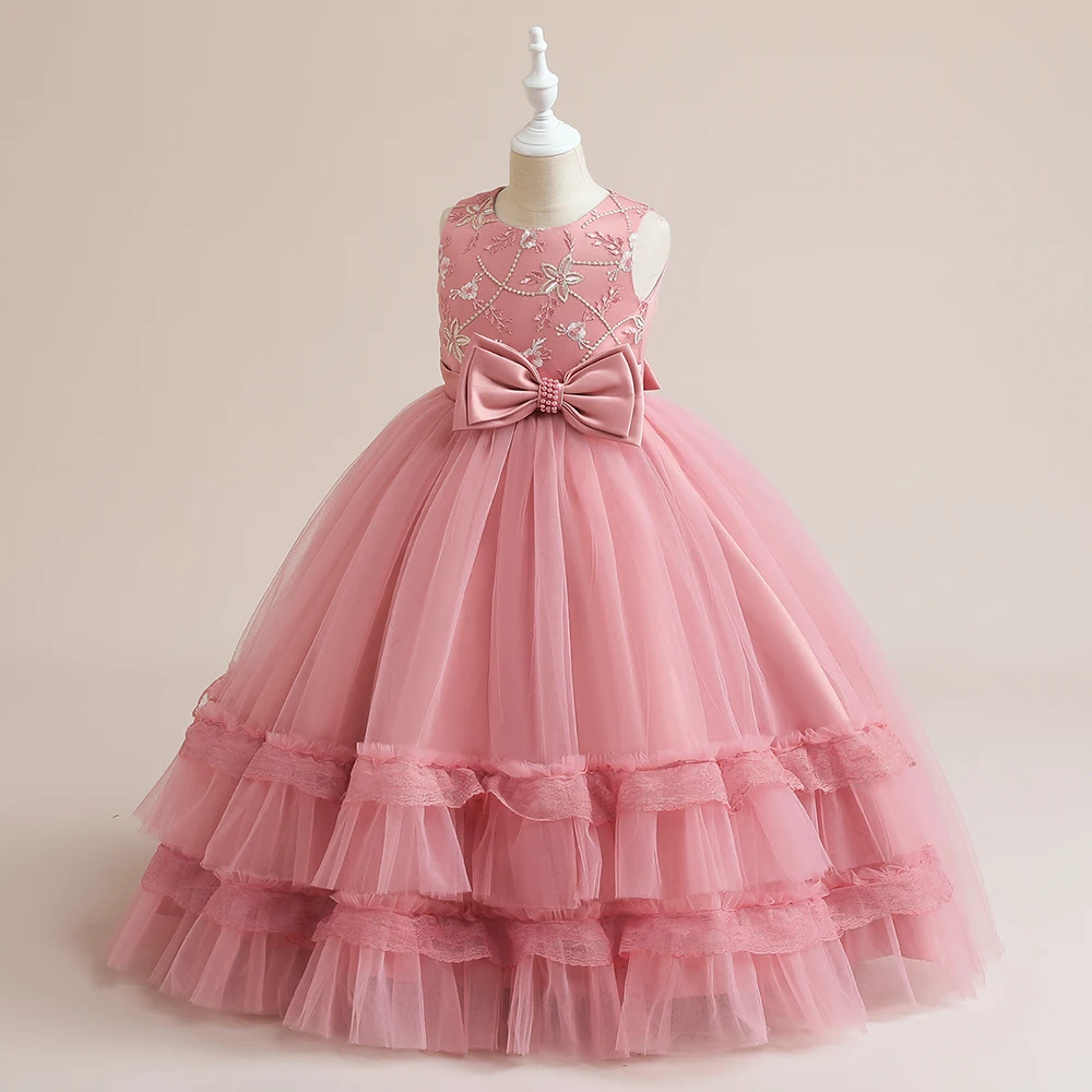 Pink Embroidery Flower Girls Dress Bow Children Costume Tulle Long Bridesmaid Party Dresses For Girl Birthday Wedding Prom Gown