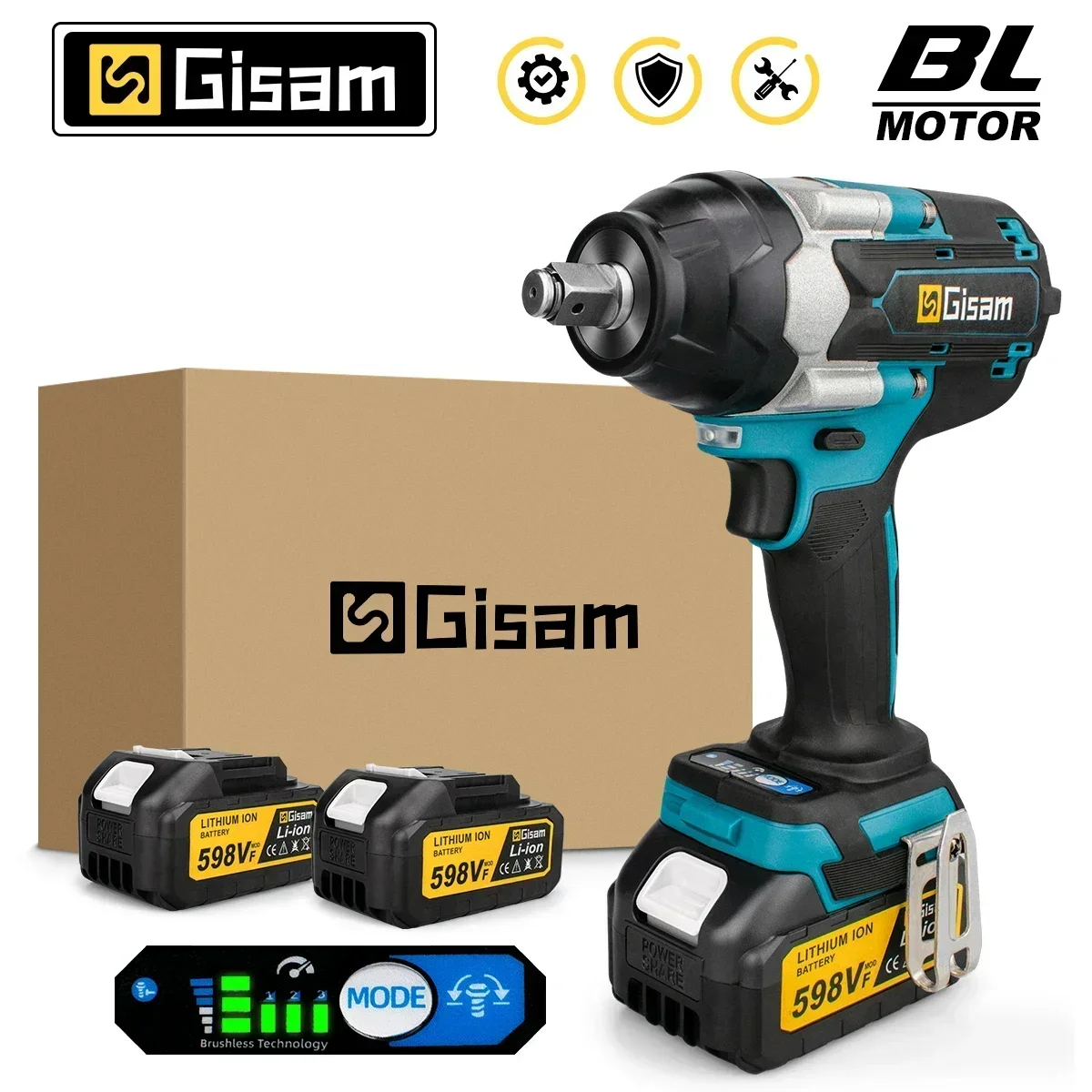 Gisam 1800N.M Torque Brushless Electric Impact Wrench 1/2 inch Screwdriver Cordless Wrench Power Tools For Makita 18V Battery