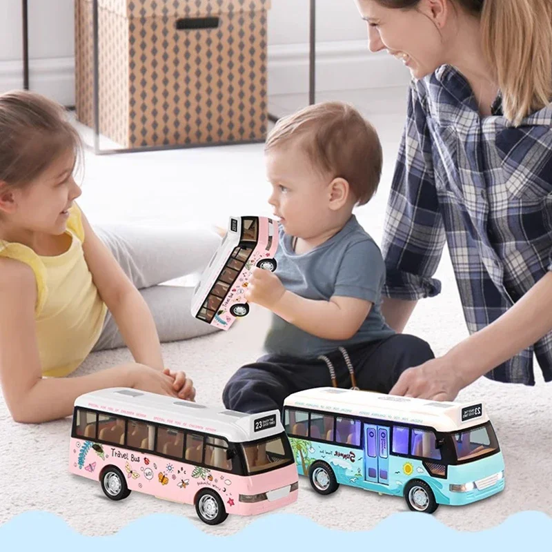 Autobús escolar de juguete para niños, coches pequeños de Metal fundido a presión, autobús urbano con sonido y luz, coches alimentados por fricción, juguetes de juego, regalo