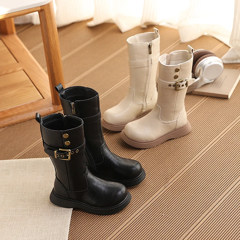 

Girl Midsole Boots Children Fashion Buckle Boots Plush Lined Rubber Soft Flat Bottom for Princess Kids High Boots Classic Winter