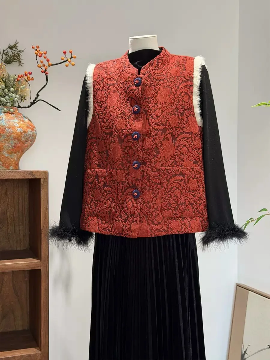 

Ele Red Chinese Sle Thiened Mink Vest for New Year Visits Young Looking Outerwear Women's Faionable Agel Jaet