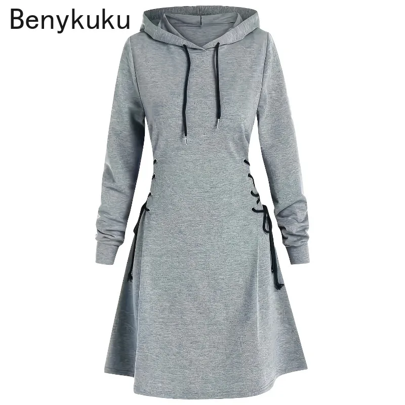 

Women Hoodie Dress Gray Long Sleeve Drawstring Casual Hoodie Dress Slim Hooded Pullover Fashion Sweatshirt Dress Ladies Clothing