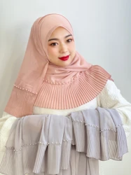 Muslim Pleated Turban Ladies 10-Color Shawl Chiffon Robe Dress Solid Color Beaded Yarn Scarf Arab Islamic Clothing Hijab 71*180