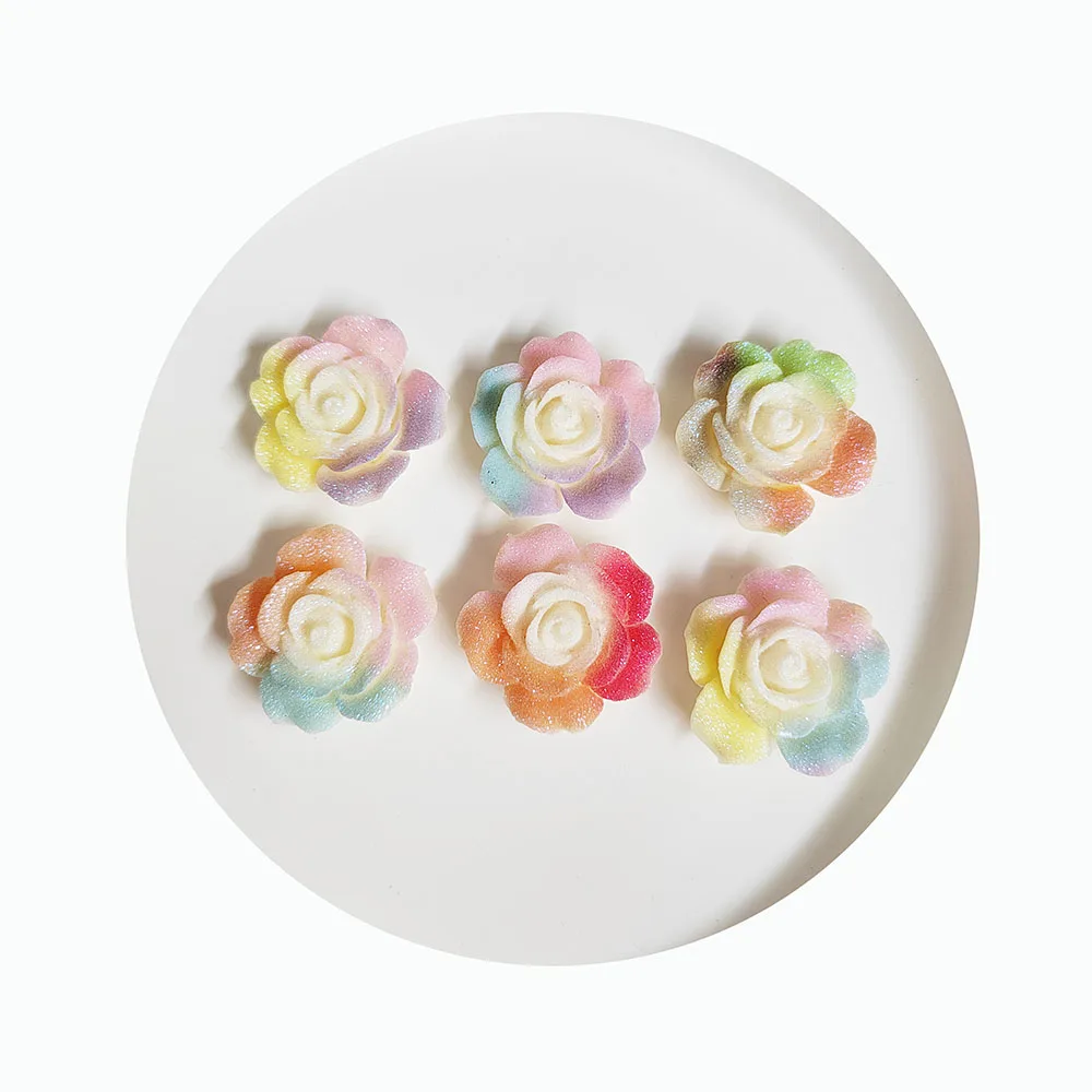 30mm Gradient Colorful Luminous Resin Rose Camellia Cabochon Flower Charm for Diy Crafts Jewelry Decor Accessories