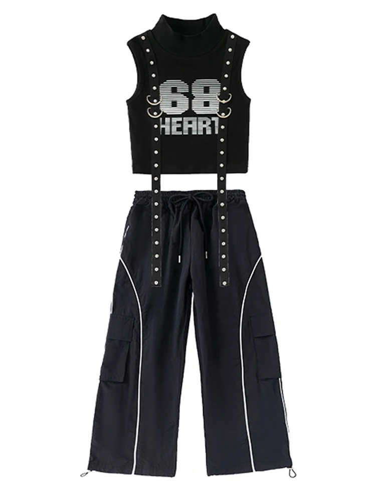 Cool Black Hip Hop Dance Costume para meninas, Jazz Performance Suit, calças de verão, Catwalk Cheerlead Clothes, Kpop Wear, BL12992