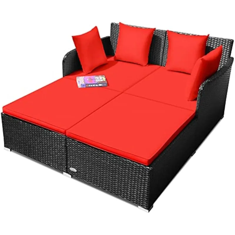 

Outdoor Rattan Daybed, Patio Loveseat Sofa Set w/Comfortable Cushions Extra Pillows & Metal Foot, Sunbed Wicker Furniture