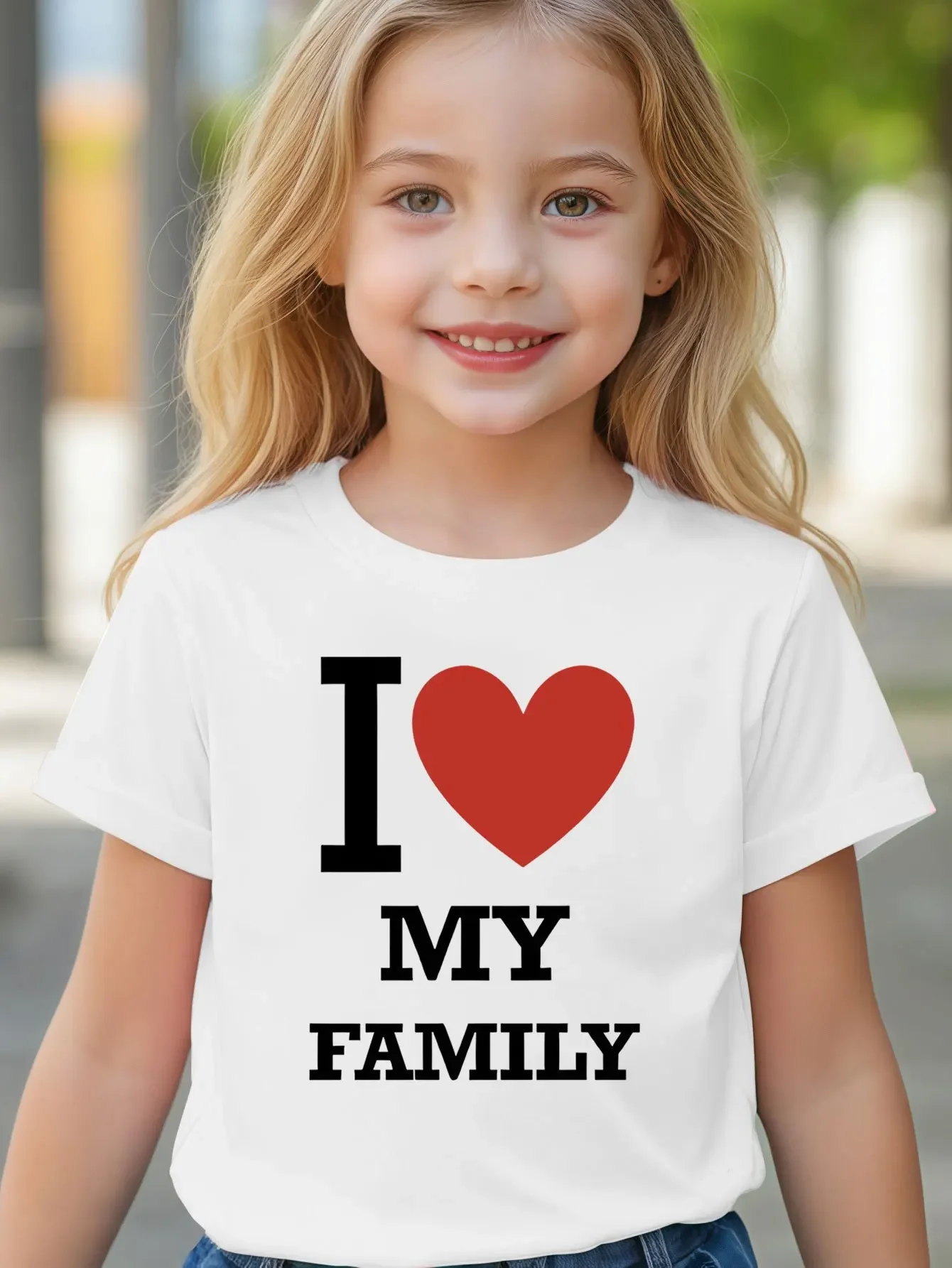 

Cozy Kid Tee "I Love My Family" Print Casual Crew Neck Soft Breathable Perfect Fit Summer Casual Top Children Clothing
