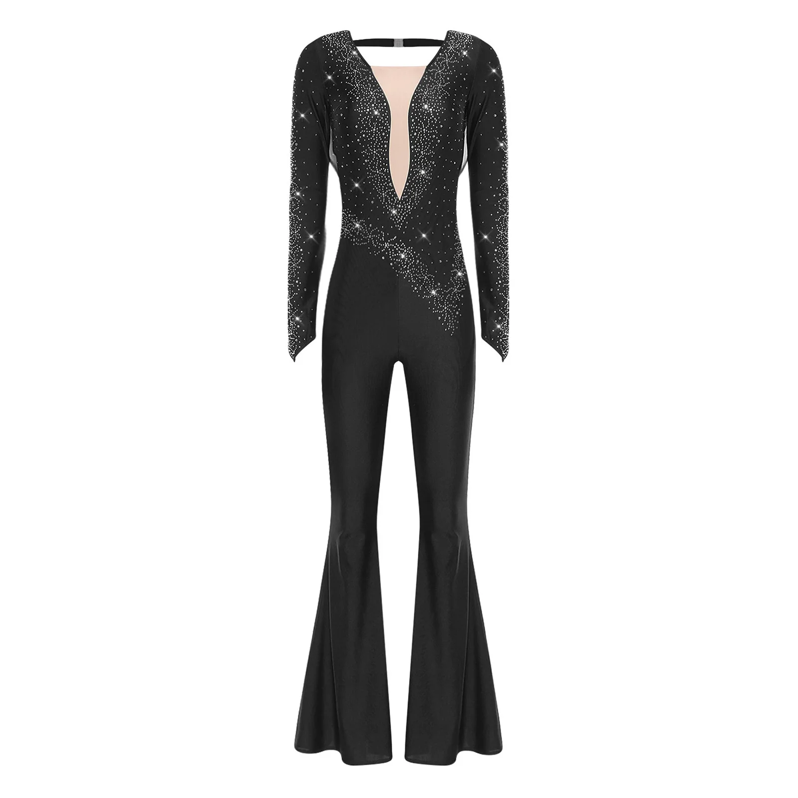 

Women Latin Jazz Ballroom Dance Rompers Jumpsuit Long Sleeve Back Cutout Patchwork Ruched Mesh Overlay Ballet Rhythmic Dresses
