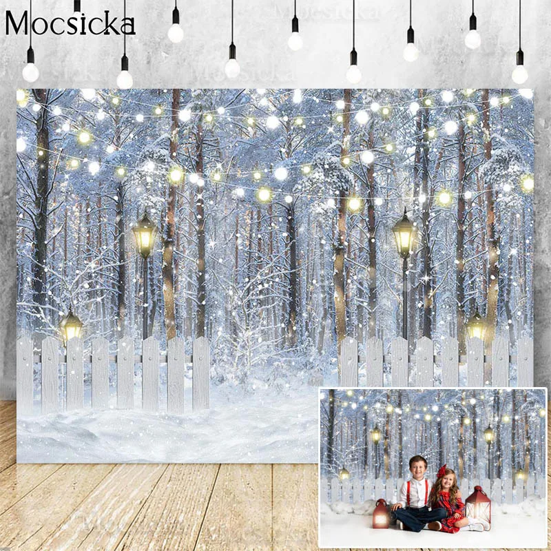 Toile de fond pour Portrait de bébé, arbre de noël, forêt d'hiver, flocons de neige, scène de forêt de pin, arrière-plan pour photographie, Studio Photo