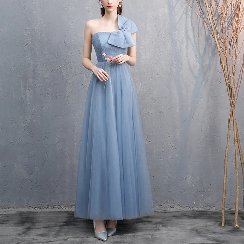 Grey And Blue Tulle Long Evening Dress For Women Wedding Party Simple And Elegant Formal Dress Bridesmaid Dresses With Bow