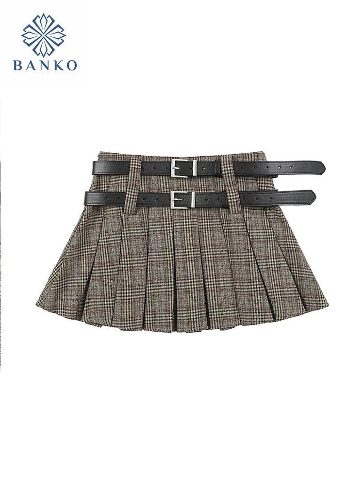 

American Style Vintage Fashion Plaid Mini A-Line Skirt Summer Sexy Sashes Slim Pleated Skirt Women Coquette Gyaru Streetwear