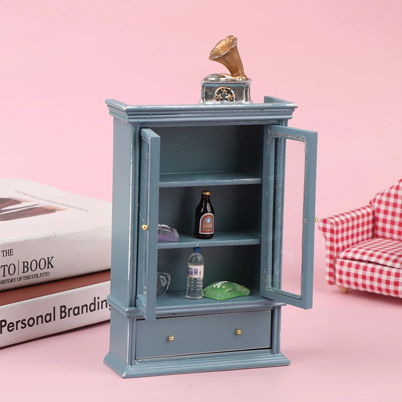 1 pz 1:12 casa delle bambole mobili in miniatura Haze blu doppia porta armadio in vetro armadio libreria modello per la decorazione della casa delle bambole giocattoli fai da te