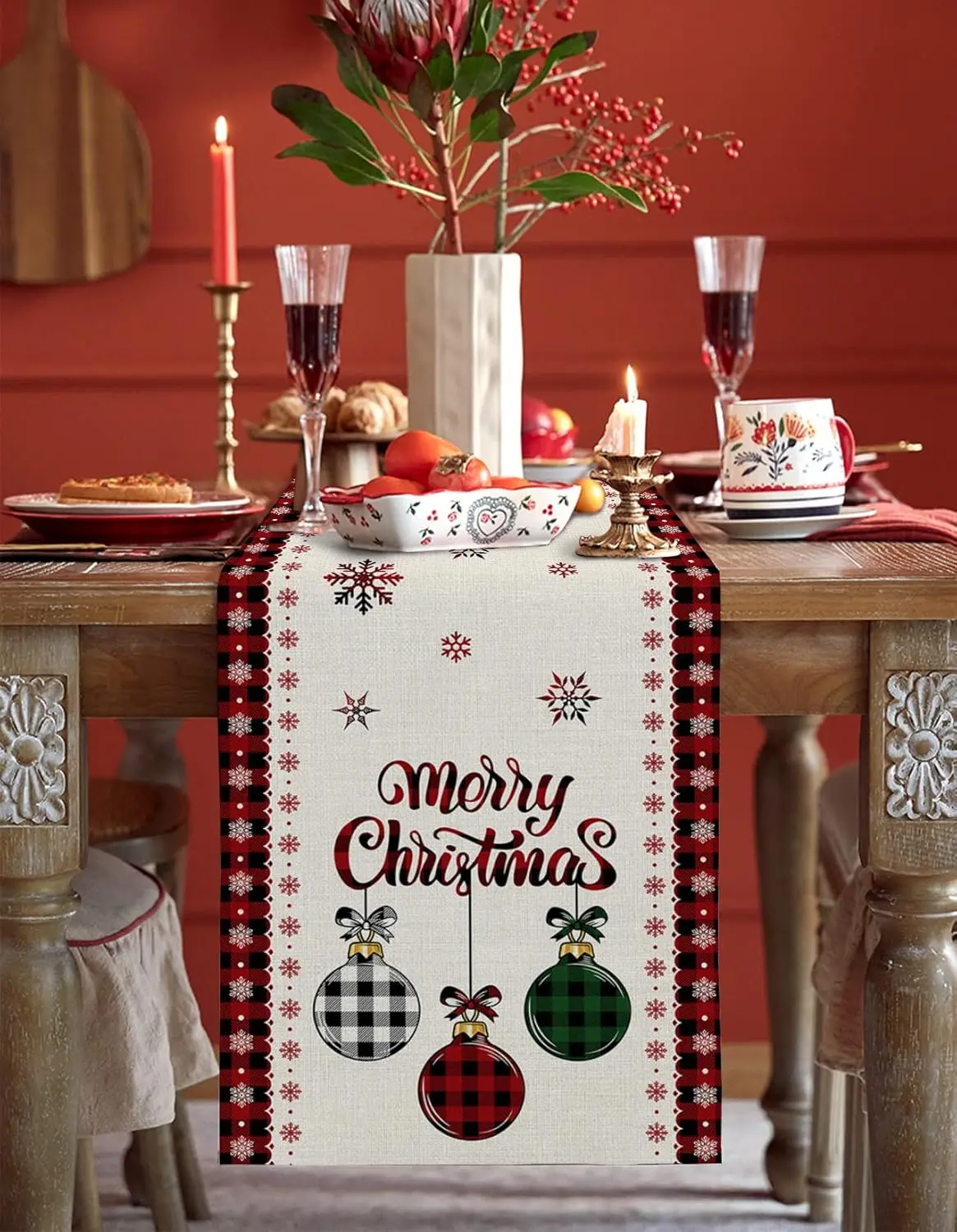 Christmas Xmas Ball Buffalo Plaid Snowflake Linen Table Runner Winter Xmas Kitchen Dining Table Runner Navidad Decorations 2025