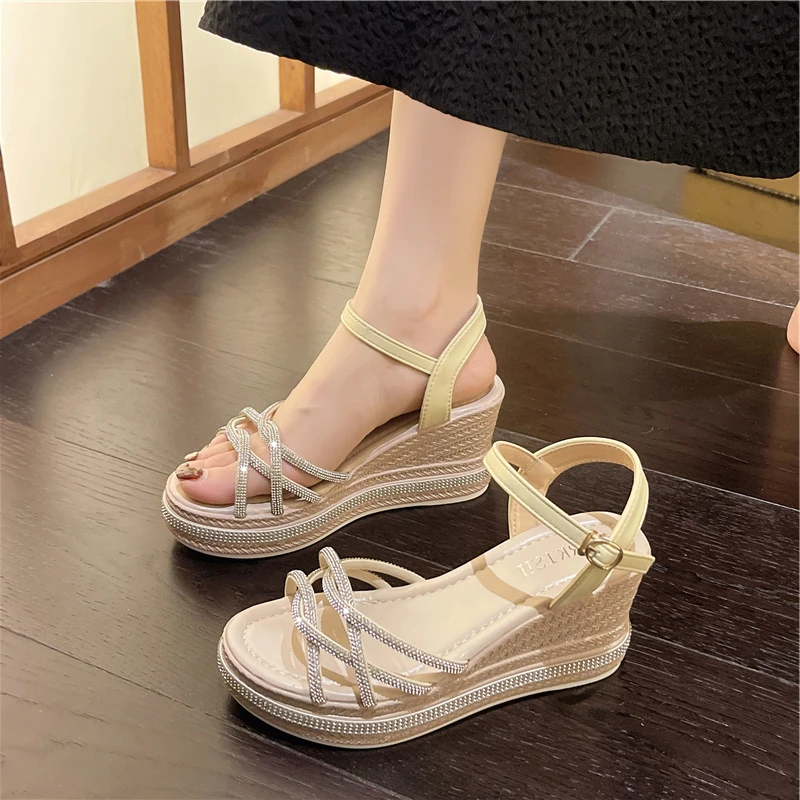 

Fashion Womens Shoes 2025 High Heel Sandals Cross-Shoes Suit Female Beige Buckle Clogs Wedge Open Toe Muffins shoe Luxury High-h
