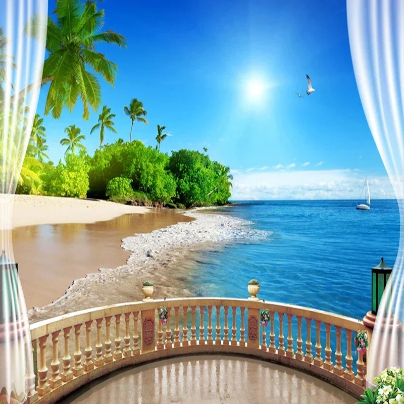 Custom 3D Wall Wallpaper Painting Balcony Window Sea View Large Mural Beach Landscape Living Room Bedroom Papel De Parede Tapety