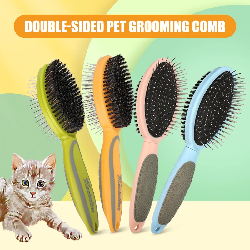 Pet Double-sided Comb Pig Bristle Airbag Massage Needle Comb Cat and Dog Comb Grooming Comb De-shedding Brush Pet Supplies