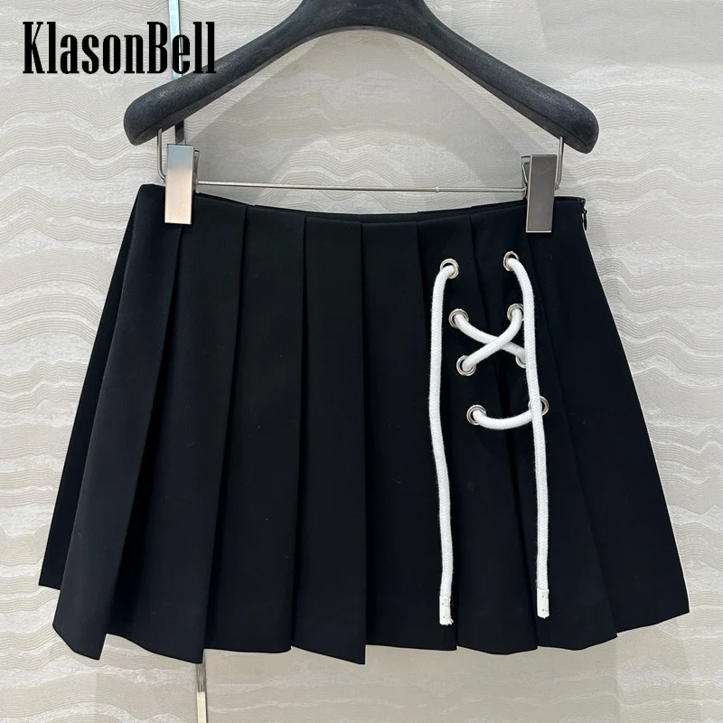 3.5 KlasonBell Women Temperament Fashion Side Criss-Cross Lace-up Design Mini Skirt Wool Blend Fabric Think Pleated Midi Skirt