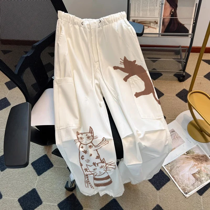 

Американские повседневные брюки с принтом, высокой талией и широкими штанинами, модные универсальные длинные брюки на лето