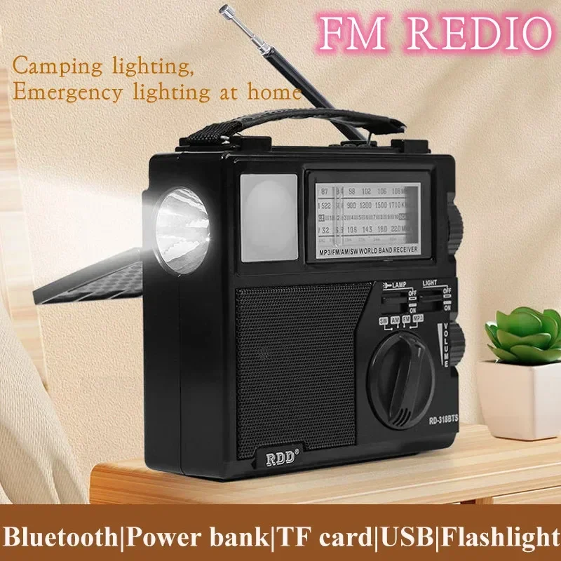 Emergency Radio Solar Portable FM AM SW Radio Receiver with LED Flashlight Wireless Bluetooth Speaker Music Player Phone Charger