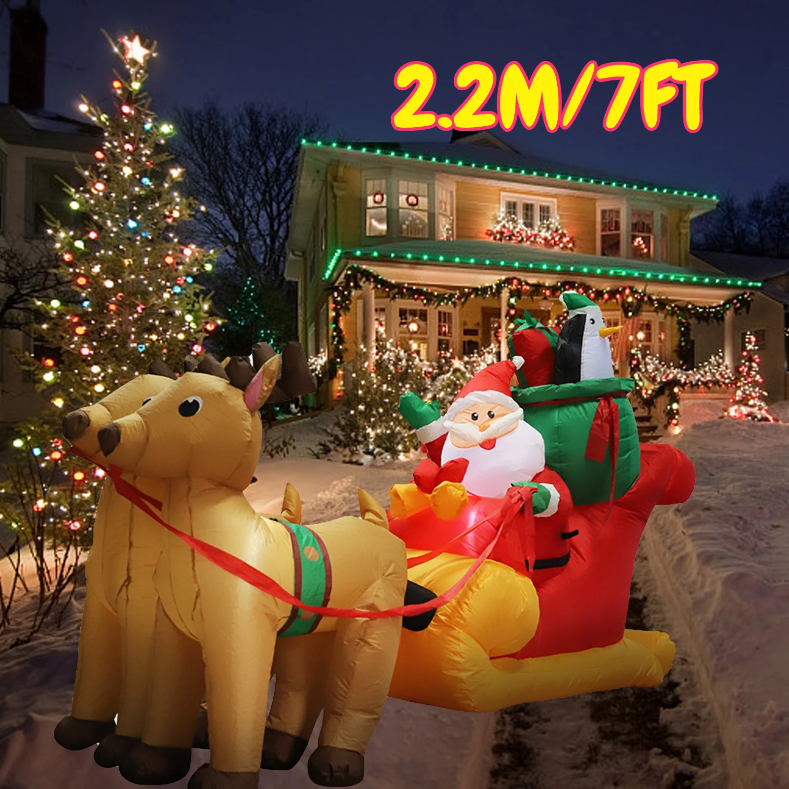 

2.2M/7FT Santa Claus Reindeer Sleigh Christmas Decorations Home Inflatable Toys with LED Lights Yard Xmas Party Diy Decor