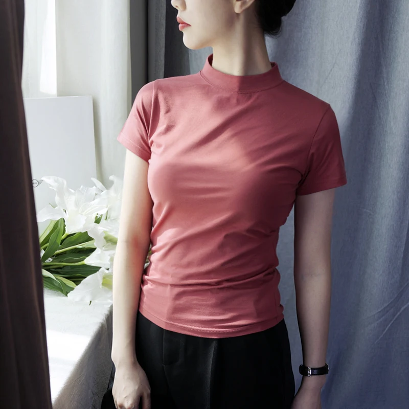 

turtleneck short-sleeved women t-shirts 2024 summer new cotton slim solid office lady elegant pulls tops tees