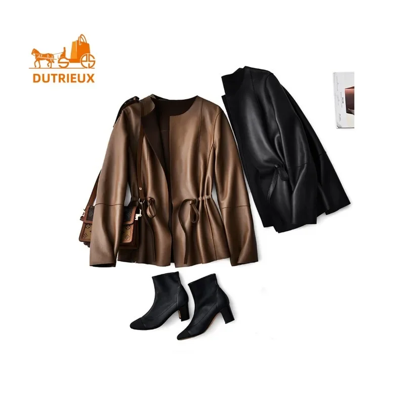 Genuine Leather Jacket for Women, New Winter Top Layer Sheepskin Mid-length Leather Jacket, Cowhide Simple Temperament Jacket