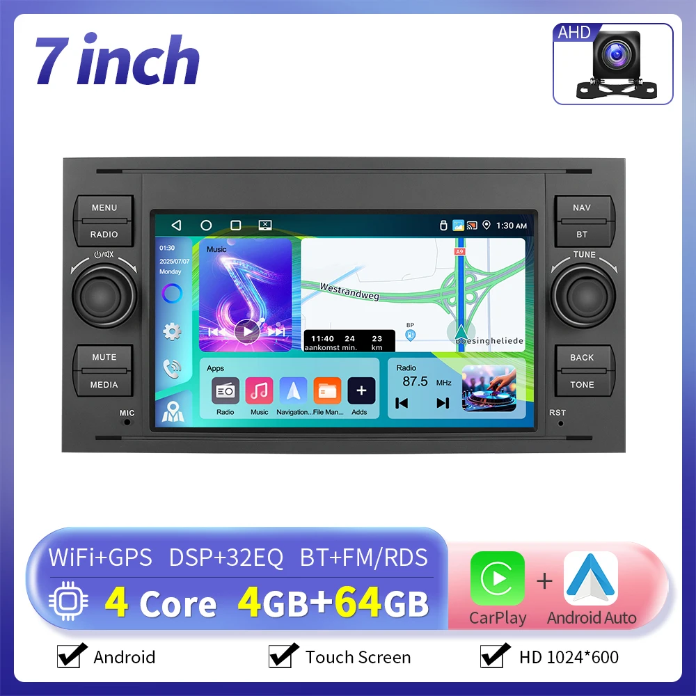 Camecho 4 + 64G Carplay Android Auto Radio Voor Ford Focus 2 Mondeo S C Max Kuga Fiesta Fusion 2Din Auto Multimedia Speler WIFI GPS