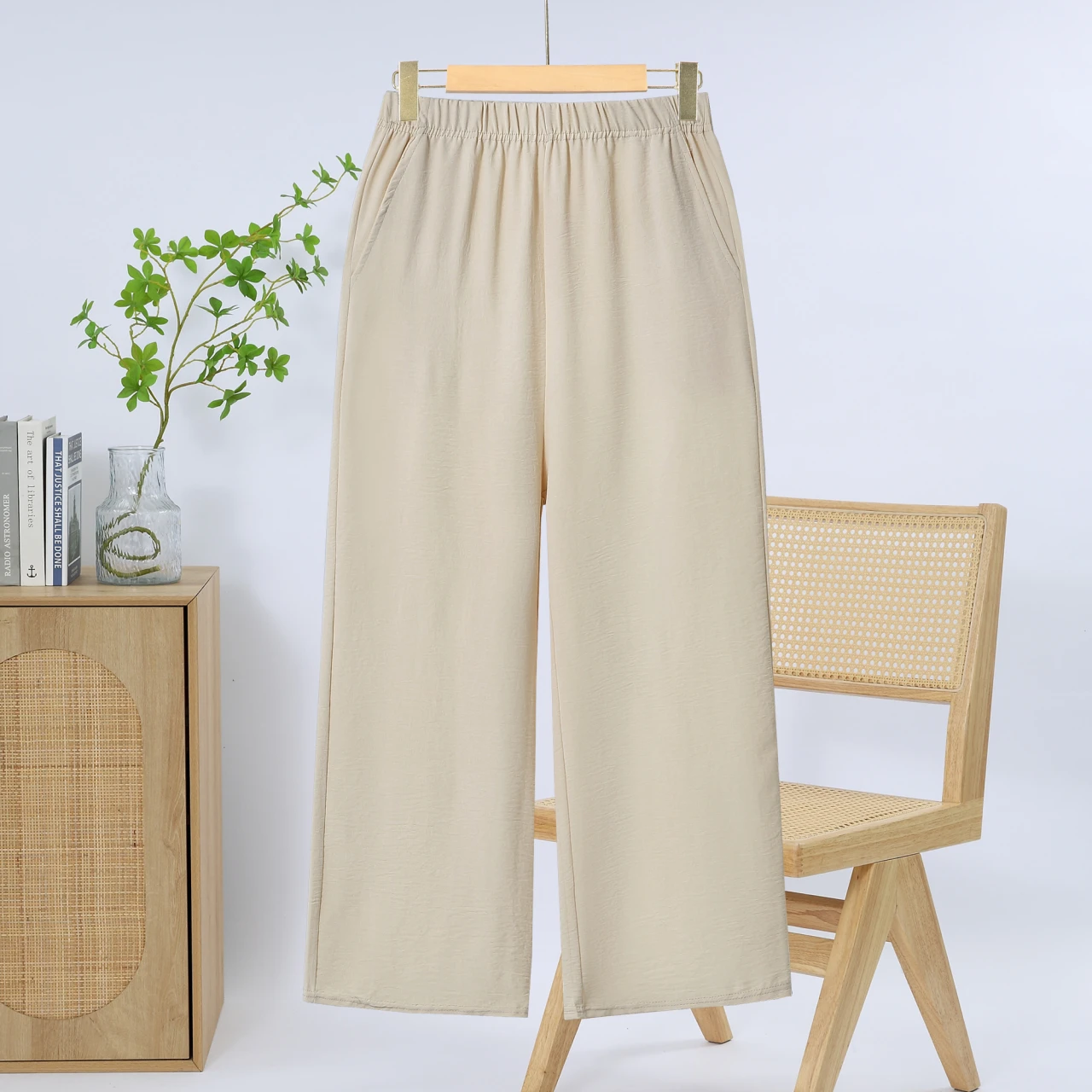 Summer Trousers Women Vintage wide-leg Pants Elastic Waist Solid Straight Pant Casual Loose Pantalon Oversize