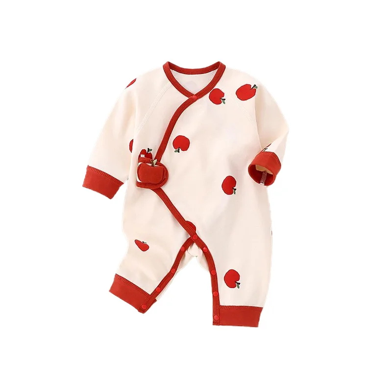 New Spring and Autumn Newborn Baby Cute Printed Cow Apple Cotton Long Sleeved Jumpsuit for 0-1 Years Boys Girls Velcro Romper