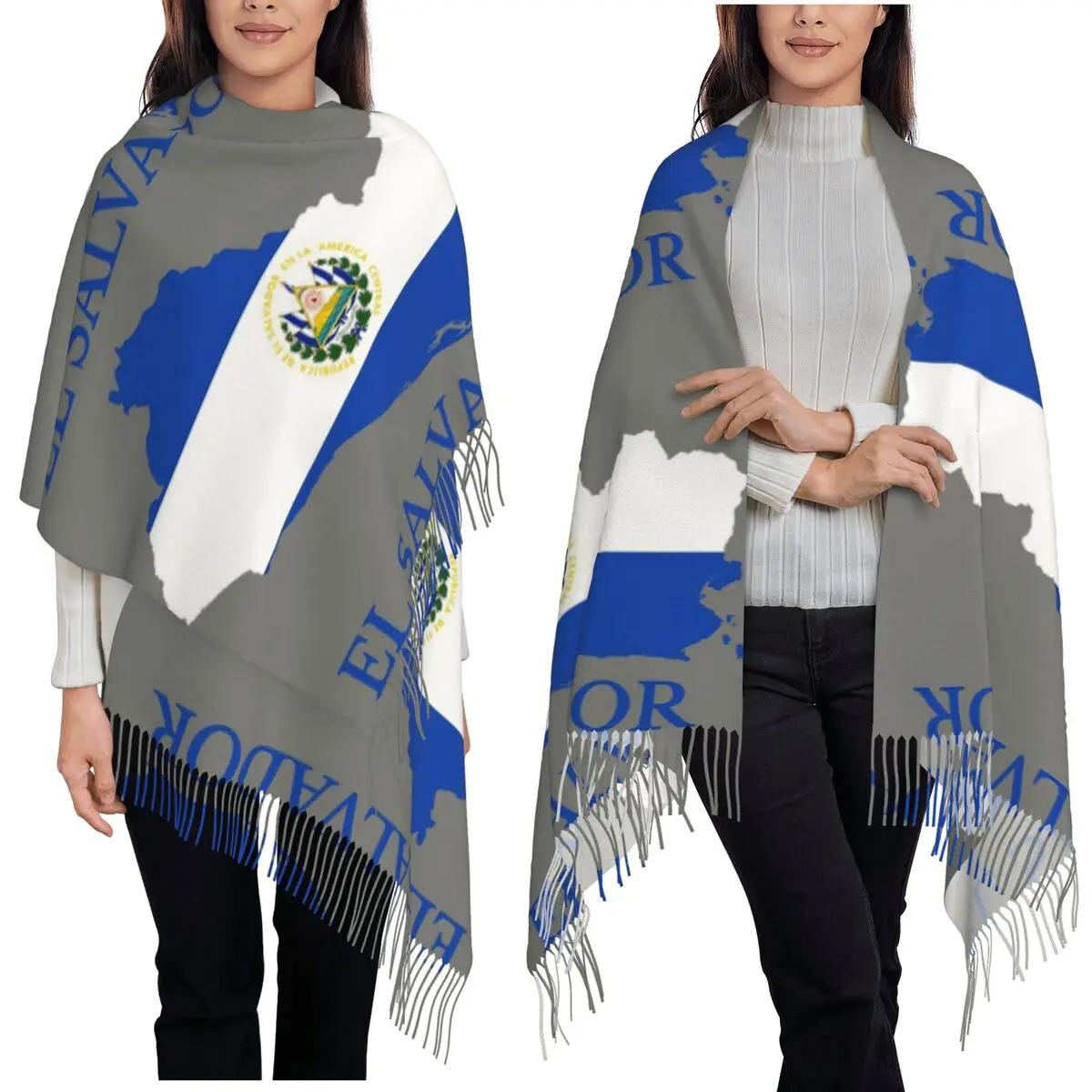 

El Salvador Flag Map Scarf Tassel Scarves Women Soft Warm Shawls and Wraps Long Fall Winter Shawl Wrap