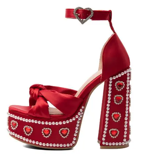 Women Red Satin Platform Block Heel Sandals Open Toe Bow Knot Ankle Strap Sandals Heart Rhinestone Pearl Chunky Heels Sandals - view 2