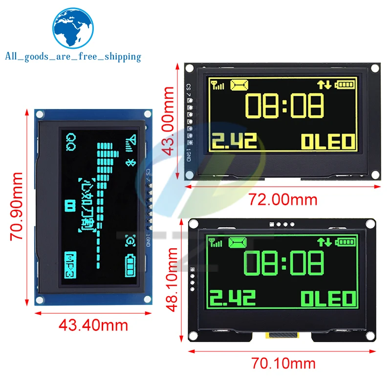 TZT 1/3 pièces 2.42 "2.42 pouces écran LCD blanc jaune 128x64 Module d'affichage OLED IIC I2C SPI série pour C51 SPD0301