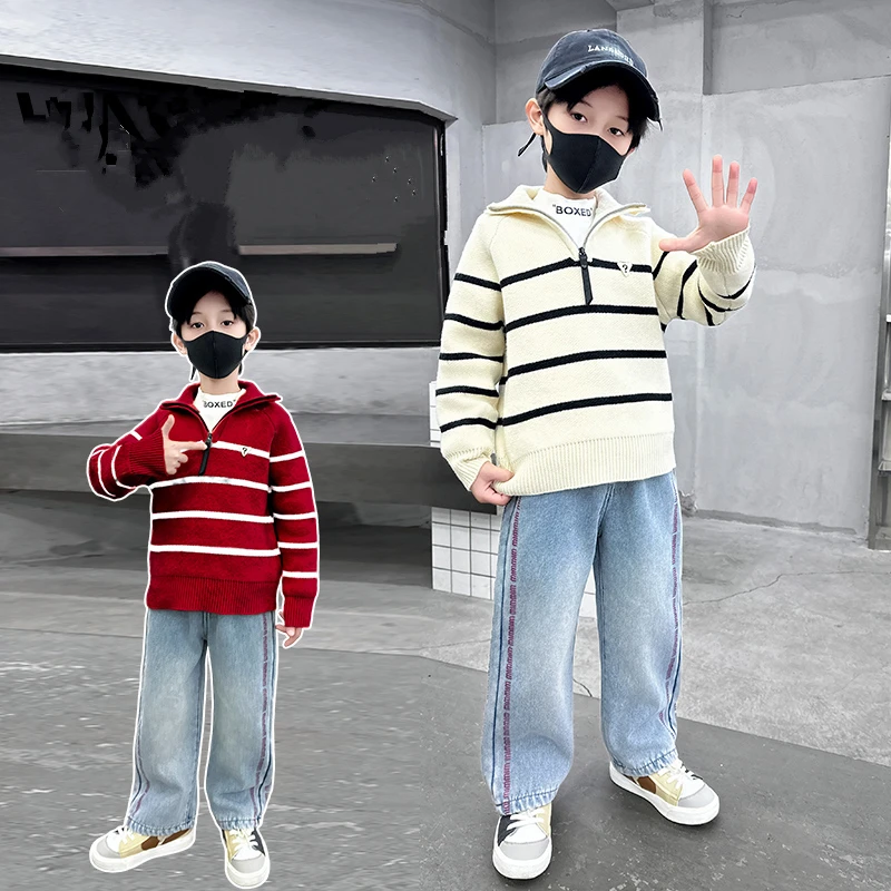 Autumn Kids Cotton Striped Turtleneck Sweater for Tween Boy Fashion Half Zipper Knitwear Outfit Children Casual Knitted Clothing