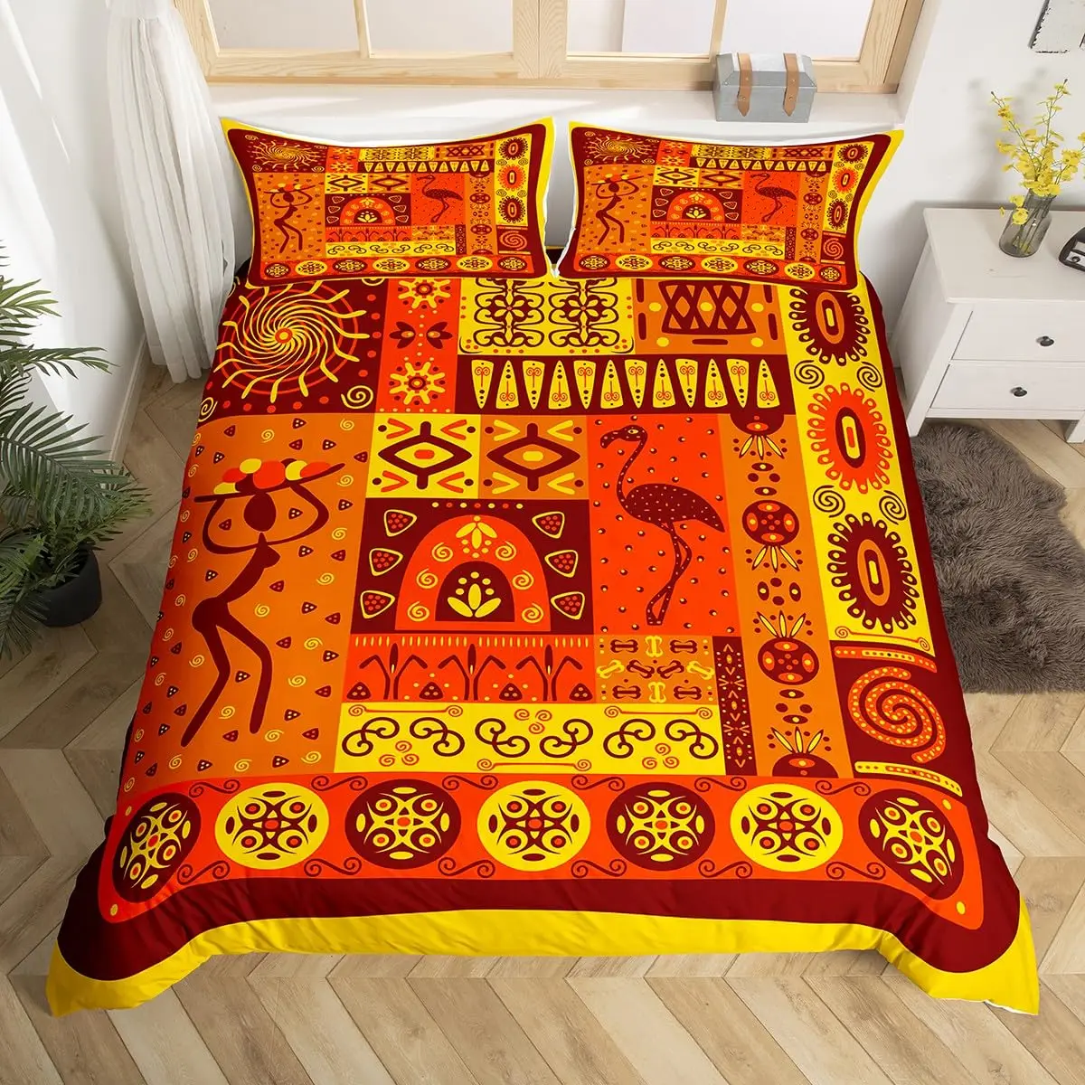 African Women Duvet Cover Africa Tribal National Bedding Set Vintage Floral Plaid Patchwork Comforter Cover Brown Quilt Cover