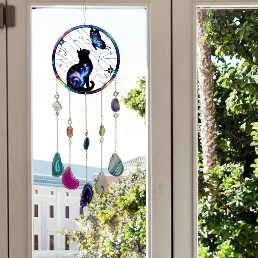 2D Flat, 1pc  Long-Haired Cat Sun Catcher with Crystal Beads Animal Theme Wall Decor - Unique Gift for Cat Lovers