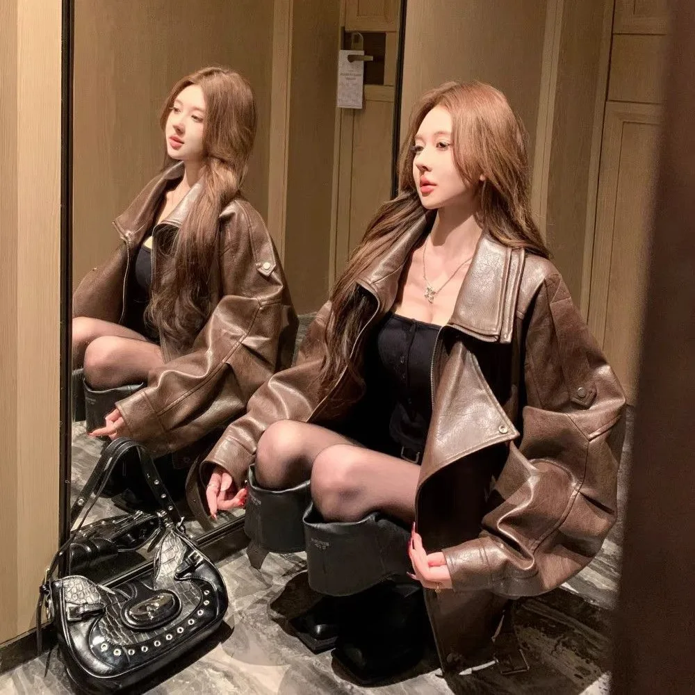 Women's Retro Zipper Collar PU Leather Jacket Coat Thickened Synthetic Leather Biker Style Top Spring 2026 China Origin