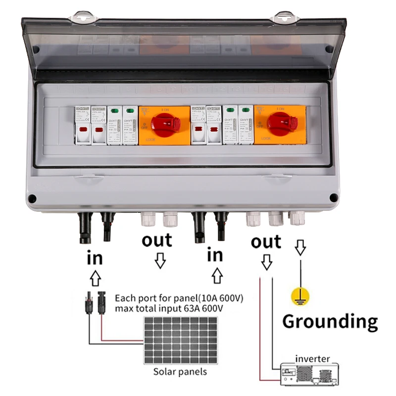 Solar PV Combiner Box DC 1000V 2 input 2 out Surge Lightning Protection IP65 Outdoor Waterproof Boxes Fuse MCB SPD Disconnector