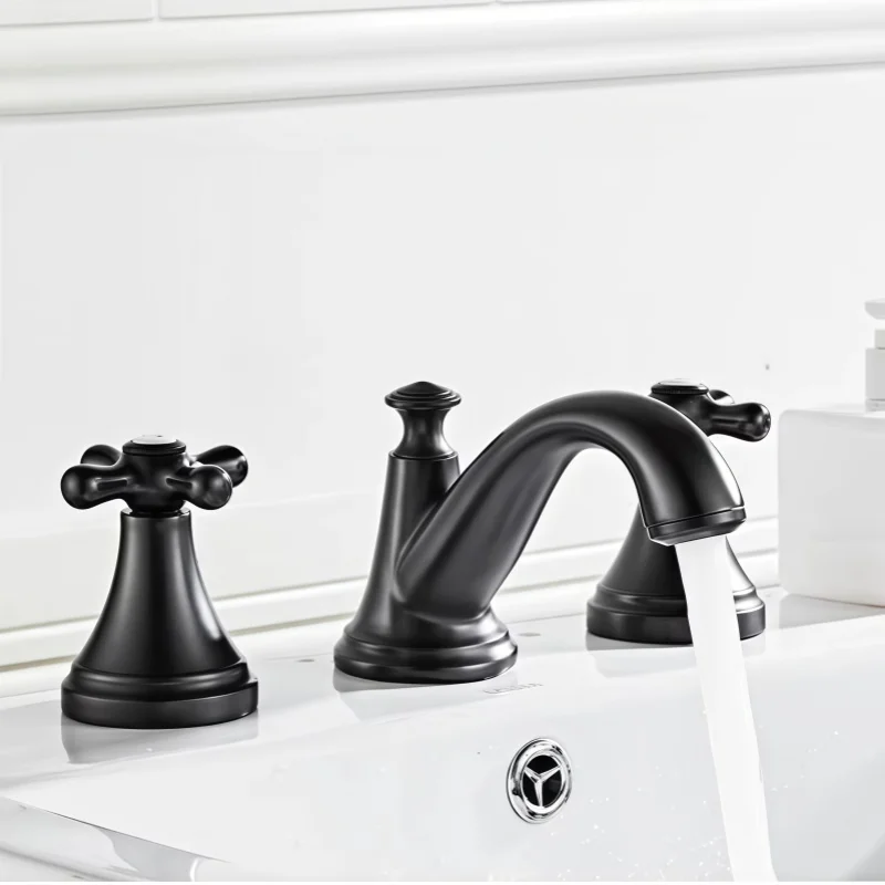 European Style Brushed Finish Basin Faucet Hot and Cold Water Copper Three-Hole Split Base Double Handle Sink Faucet
