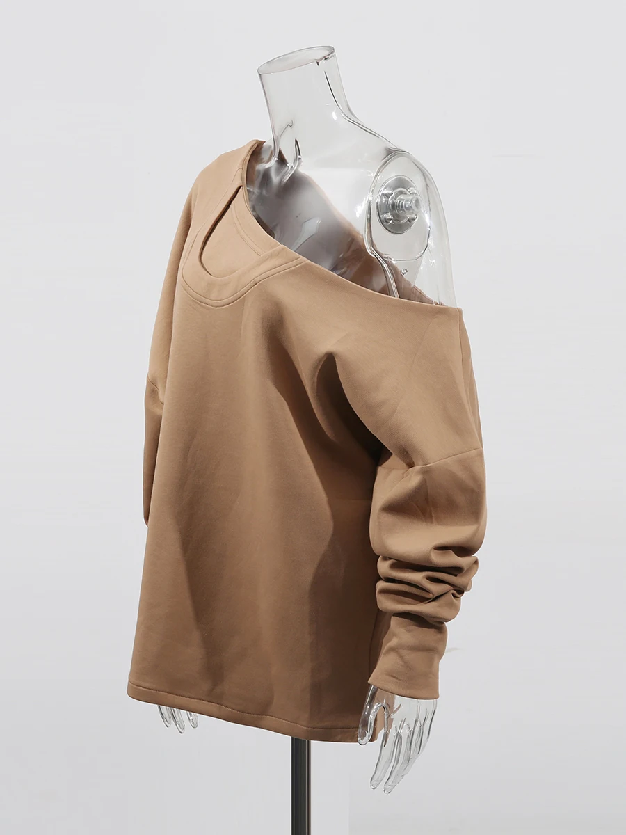 VGH-Sudadera de diseñador asimétrica para mujer, suéter holgado informal con cuello Diagonal y manga acampanada, ropa femenina de otoño