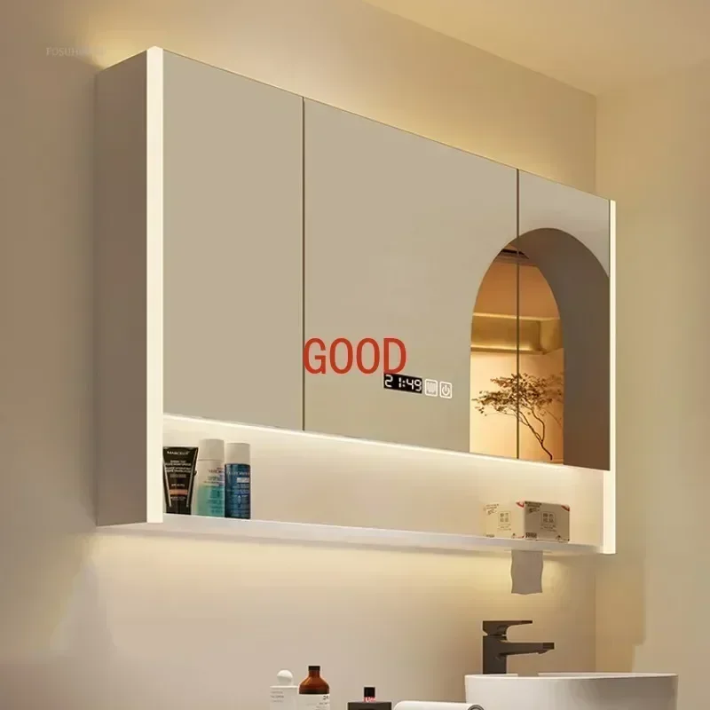 

Smart Solid Wood Bathroom Mirror Cabinet Integrated Bathroom Mirror Box With Light Toilet With Storage Rack Home Furniture LVYS