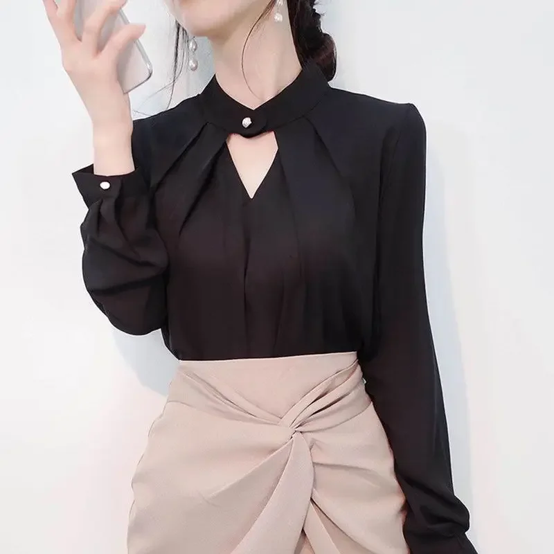 Spring New White Chiffon Shirt Tops Women's Long Sleeve Hollow Out Button Solid Loose Elegant Blouse Temperament Fashion Clothes