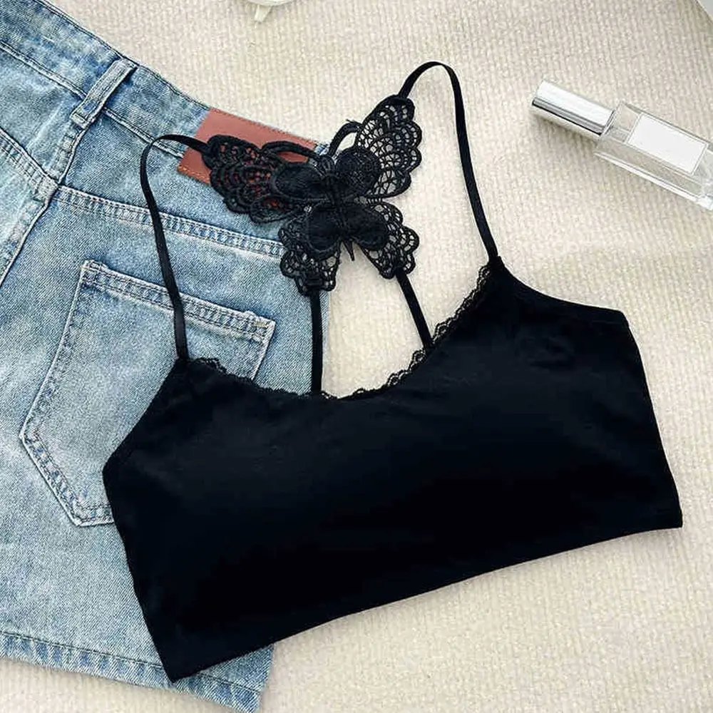 Butterfly Embroidery Backless Butterfly Vest Built In Pad Lace Trim Chest Wrap Top Hollow Out Innerwear Tank Top Daily Innerwear