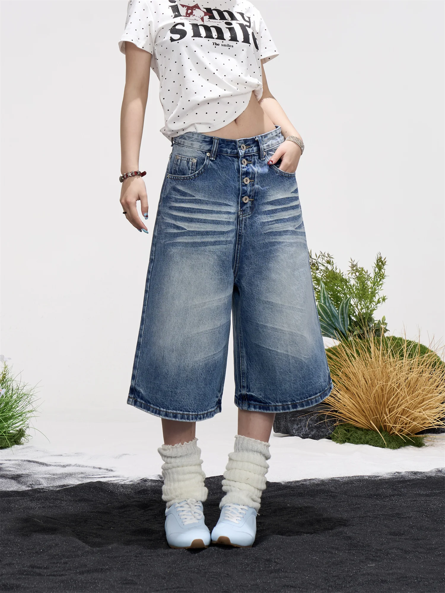 

Onlpp American Retro Button down Denim Jeans Women Loose Wide Leg Pants Summer Washed Blue High Waist Straight Leg Trousers