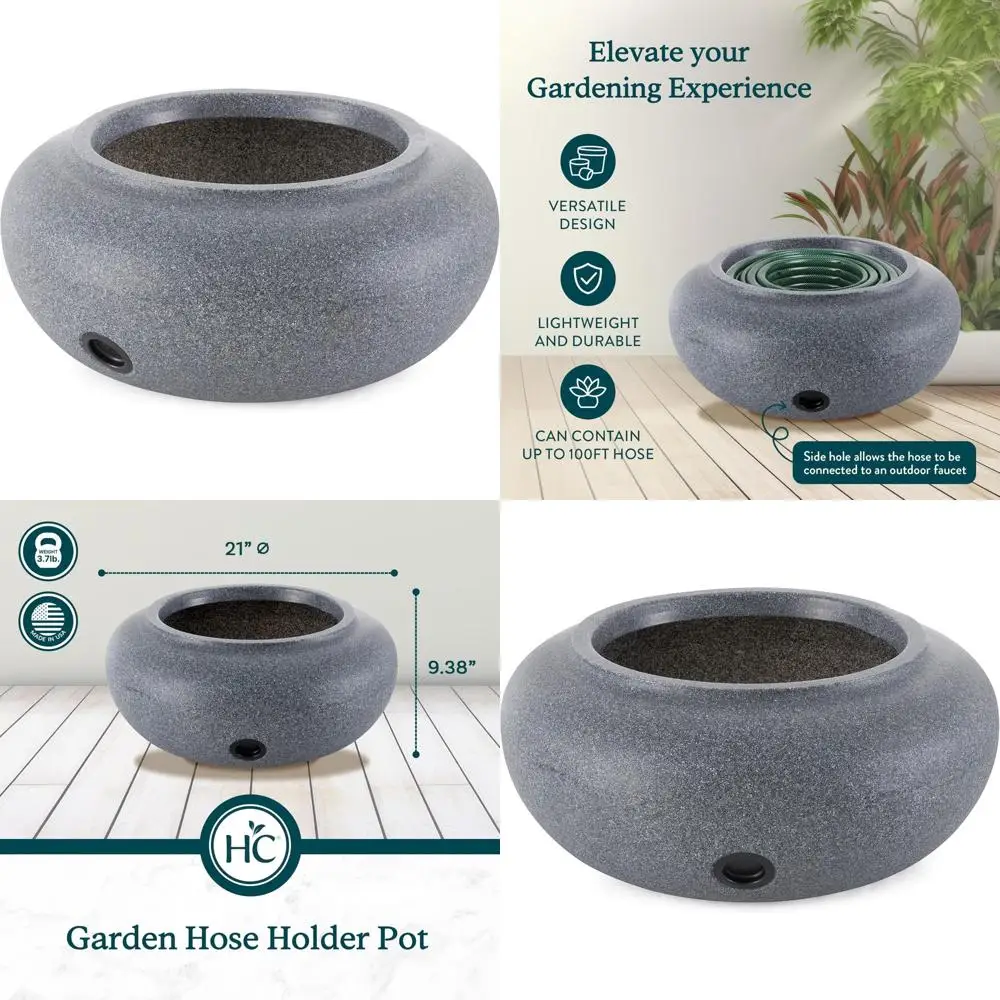 

Round 21 Inch Plastic Outdoor Garden Hose Storage Pot with Side Faucet Connection and Decorative Design