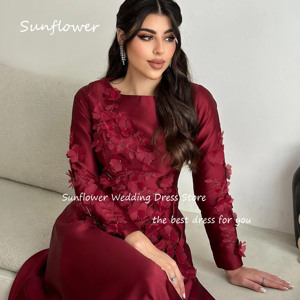 Sunflower Wine Red Simple O-Neck Appliques A-LINE Formal Evening Dress Saudi Arabia 2024 Slim Long Satin Floor-Length Prom Dress