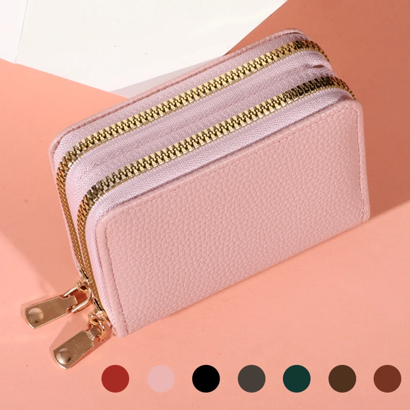 Women Double Zipper Short Style Purse LycheePattern Fashion Large Capacity Multi CaroSlot Coin PurseSolid Leather Zipper Wallet