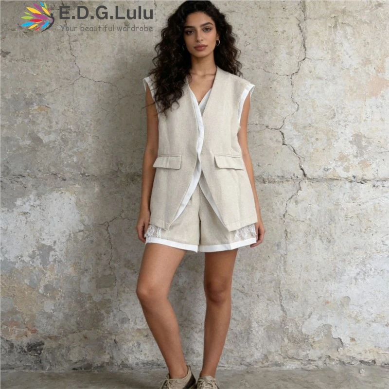EDGLuLu Sleeveless V-Neck Loose Vest +High Waisted Lace Patchwork Shorts Casual Street Color Collision Outfits Two Piece Set0506