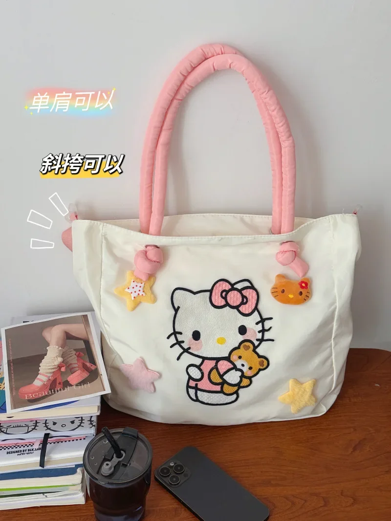 2024 Anime Figure Kitty Canvas Bag Zippered Hello Kitty Student Book Large Capacity Class Tote Bag Shopping Girl Gift