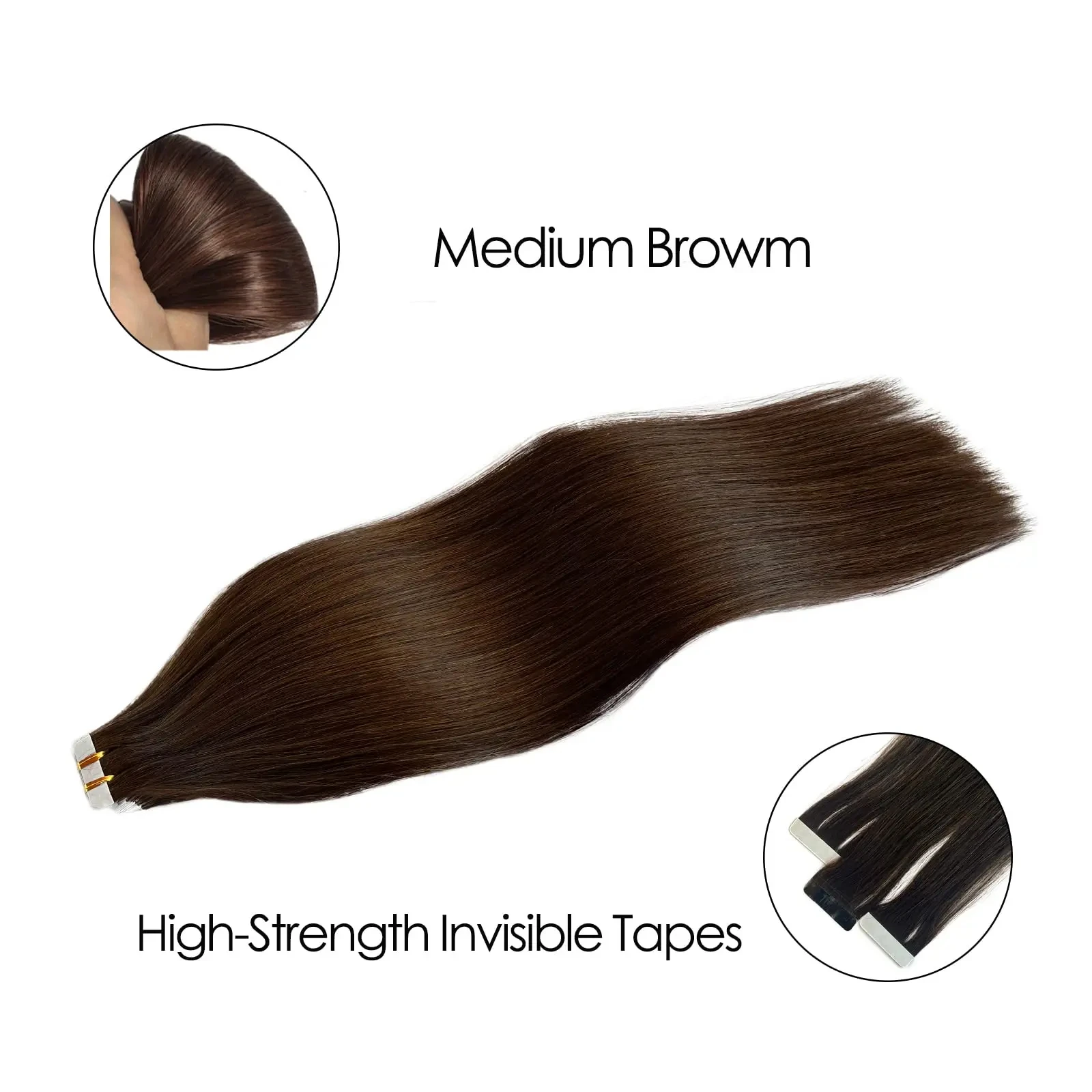 Fita de trama pele sem costura em extensões de cabelo, Real Remy cabelo humano, sedoso reto, cor marrom escuro, 24 ", 50g, 20Pcs